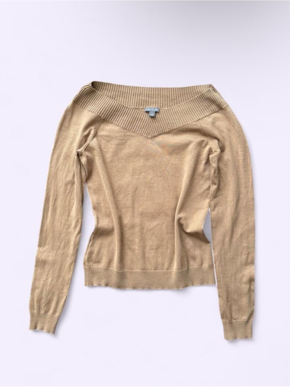 Ann Taylor Silk Blend Knit Sweater Tan Open V Neck Lightweight Preppy